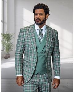 Statement Men's 3 Piece Plaid 100% Wool Suit - Double Breasted Vest