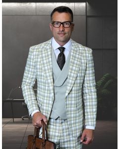 Saboo by Statement Men's 3 Piece Plaid 100% Wool Suit - Double Breasted Vest