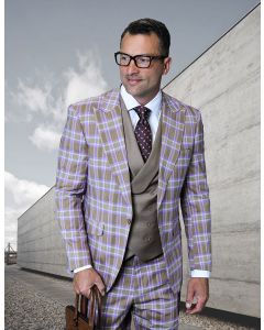 Saboo by Statement Men's 3 Piece Plaid 100% Wool Suit - Double Breasted Vest