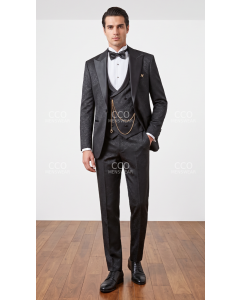 Black Suit Mens Suits Bowtie and Vest Chain Included Peak Lapel and Double Breasted Vest