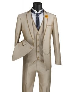 Vinci Men's 3 Piece Wool Feel Slim Fit Suit - Trimmed Lapel