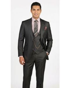 CCO Men's Outlet 3 Piece Wool Feel Sharkskin Suit - Adjustable Waistband 