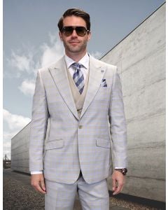 Statement Men's 100% Wool 3 Piece Suit - Light Two Tone