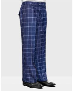 Mens Pant - Wide Leg Plaid Slacks - Indigo - 100% Percent Wool Fabric