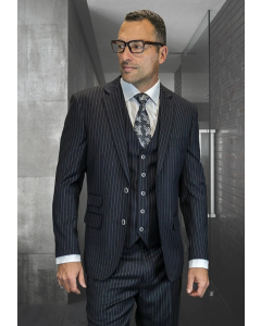 Statement Men's Outlet 100% Wool Pinstripe 3 Piece Suit - Notch Lapel