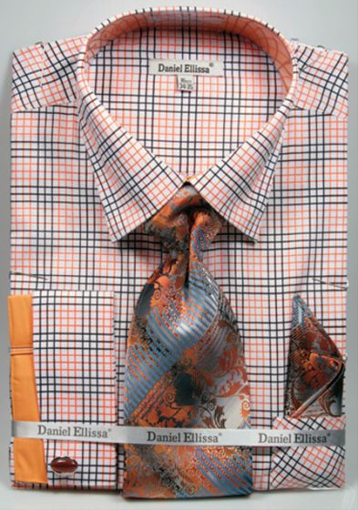 Daniel Ellissa French Cuff Orange Full , Hanky and Cuff Links 18 19 20 21 22 Inch Neck Men's Dress Shirt main image 0