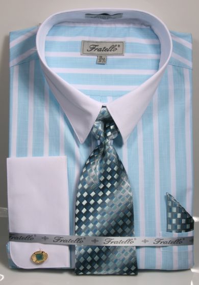 Fratello Men's 100% Cotton French Cuff Dress Shirt Set - Wide Stripe
