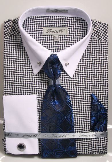 Fratello Men's 100% Cotton French Cuff Dress Shirt Set - Varied Patterns w/ Collar Bar