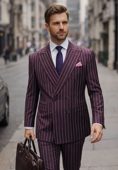 Statement Men's Outlet 2 Piece 100% Wool Modern Fit Pinstripe Suit - Double Breasted Jacket