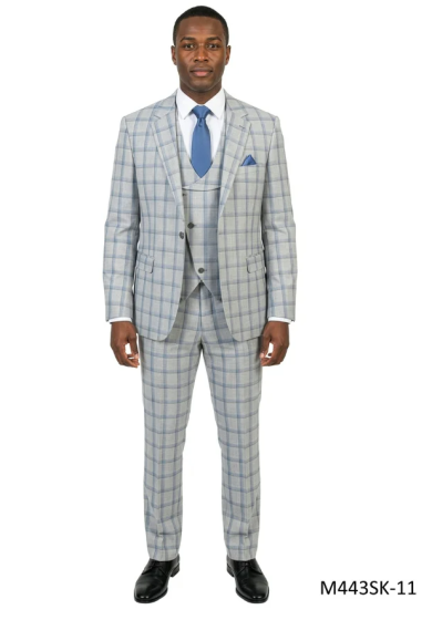 CCO Men's Outlet 3 Piece Skinny Fit Windowpane Plaid Suit - Asymmetrical Vest