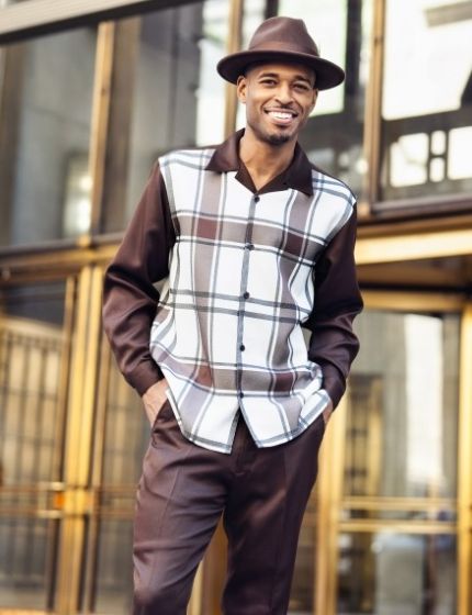 Brown Windowpane Men's Long Sleeve Walking Suit