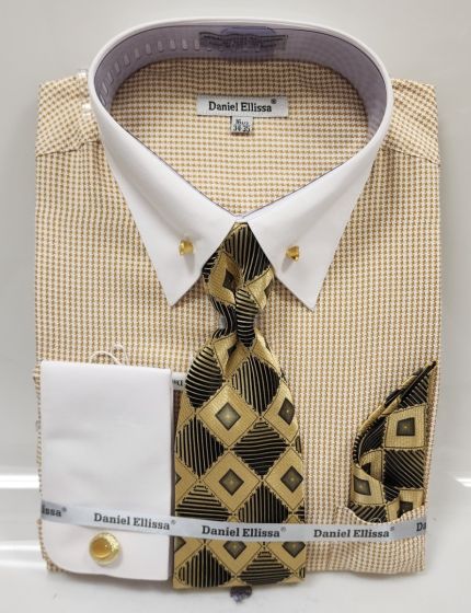Beige Mens Shirts Dress Shirts and Collar Pin and Cufflinks