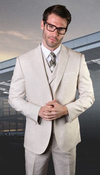 Tan Beige Mens 3 Piece Notched Lapel Wool Suit