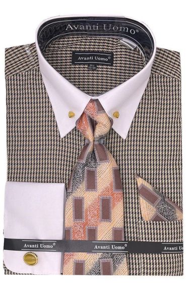 Avanti Uomo Men's Outlet French Cuff Dress Shirt Set - Triple Tone Print
