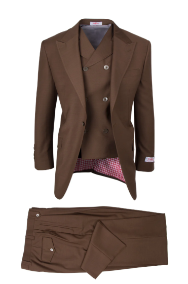 Tiglio Rosso Men's 3 Piece 100% Wool Suit - Wide Leg Pants - Tobacco