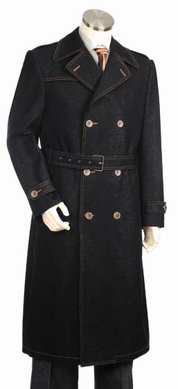 Canto Men's Outlet Denim Coat - Belted Full Length 6 Button Coat