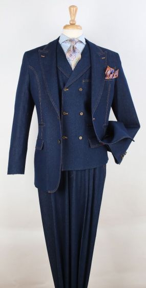 Royal Diamond Men's Outlet 3pc Denim Fashion Suit - 6 Button Vest