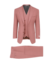 Tiglio Rosso Men's 3 Piece 100% Wool Suit - Wide Leg Pants - Pink Windowpane