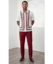 Red Walking Suit Knit Button Down Shirt Flat Front Pants