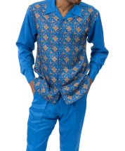 Blue Montique Men's Gold Medallion Pattern Leisure Suit