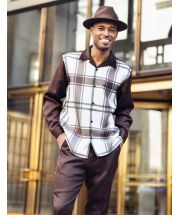 Brown Windowpane Men's Long Sleeve Walking Suit