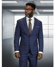 Slate Blue Suit Windowpane Pattern 2 Piece Mens Suits 
