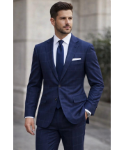 Navy Blue Suits for Men Windowpane Plaid Suit