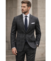 Charcoal Grey Suit Windowpane Plaid Mens Suit Single Breasted Suit Jacket