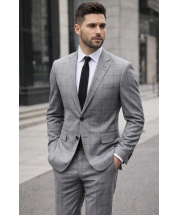 Grey Men Suits Windowpane Suit Notch Lapel