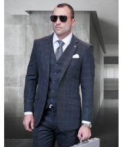 Statement Men's Outlet 3 Piece 100% Wool Fashion Suit - Modern Fit Plaid