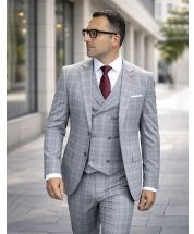 Grey Suit Mens 3 Piece Suits Double Breasted Vest