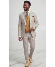 Camel Suit Suit Jacket with Peak Lapel Windowpane Plaid