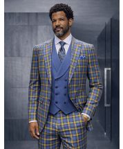 Indigo Blue Suits Windowpane Plaid Suit Solid Color Double Breasted Vest