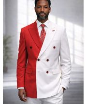 White/Red Double Breasted Suit for Men with Peak Lapel