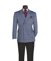 Blue Blazer Double Breasted Suit Jacket Peak Lapel Stretch Fabric Machine Washable