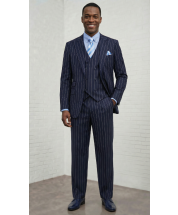 Navy Pinstripes Mens Suit Semi Wide Leg Pants