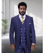 Navy Blue Suit 3 Piece Suits for Men Peak Lapel Double Breasted Vest 