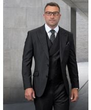 Statement Men's 100% Wool 3 Piece Suit - Thin Pinstripe