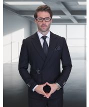 Statement Men's 2 Piece 100% Wool Modern Fit Double Breasted Suit - Metal Buckle