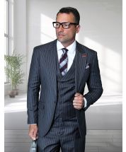 Statement Men's 100% Wool Pinstripe 3 Piece Suit - Peak Lapel