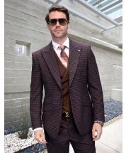Statement Men's 3 Piece Modern Fit 100% Wool Suit - Two Tone Windowpane