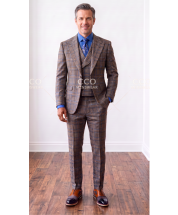 Brown Plaid Suit Mens Wool Suits Double Breasted Vest
