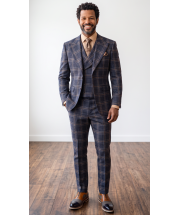 Navy Plaid Suit Mens Wool Suits Double Breasted Vest