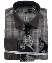 Avanti Uomo Men's Outlet French Cuff Shirt Set - Glen Check with Solid Collar