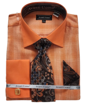 Avanti Uomo Men's French Cuff Shirt Set - Glen Check with Solid Collar