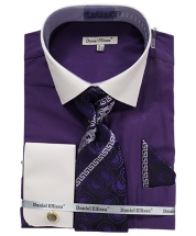 Daniel Ellissa Men's Outlet French Cuff Shirt Set - Geometric Jacquard Tie