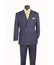 Denim Blue Double Breasted Suit Gangster Stipe Suit Peak Lapel