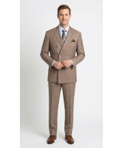 Tan Double Breasted Suits for Men Plaid Fabric Cinchable Waistband