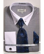 Fratello Men's 100% Cotton French Cuff Dress Shirt Set - Varied Patterns w/ Collar Bar