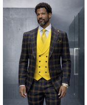 Black/Yellow Suit Bold Double Breasted Vest with Lapel